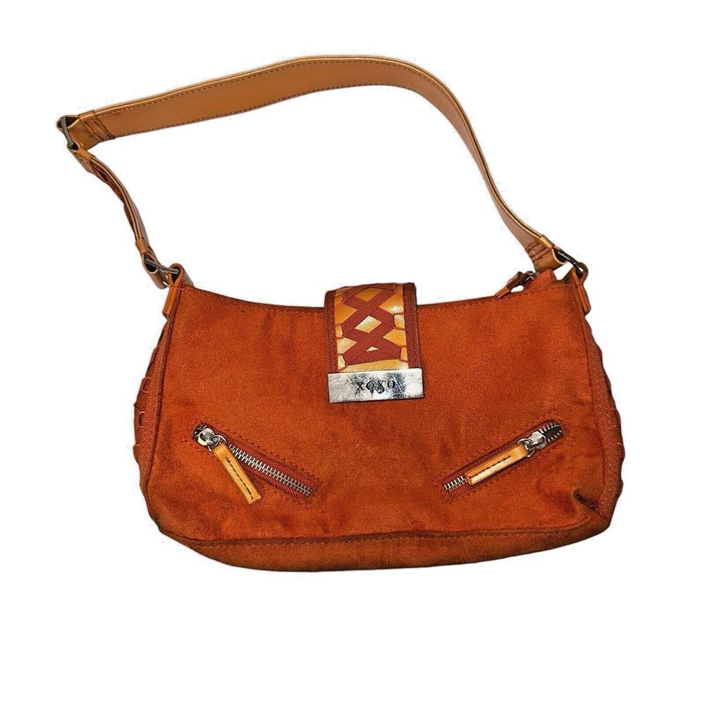 XOXO Y2K Mini Shoulder Bag Orange Faux Suede Bag Corset Sides Zip Pockets Vegan